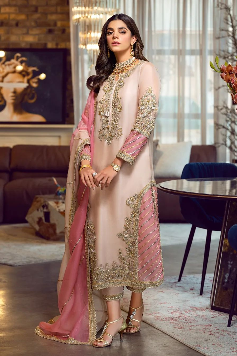 Sara Rohail Asghar SRA Organza Embroidered Hand Emblishment Collection PEACH NOUVEAU Pehnawa
