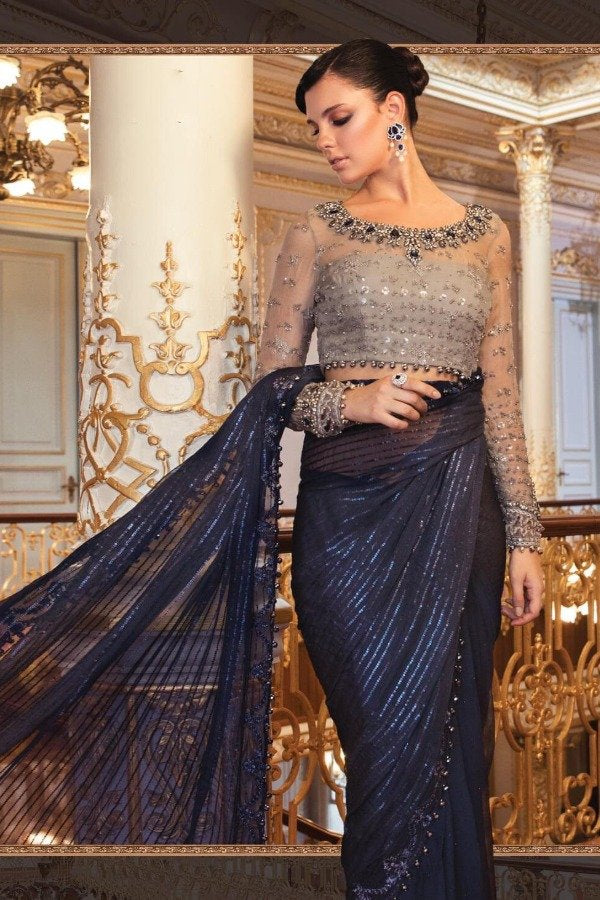 Maria.B Mbroidered cobalt blue saree Eemie's Studio