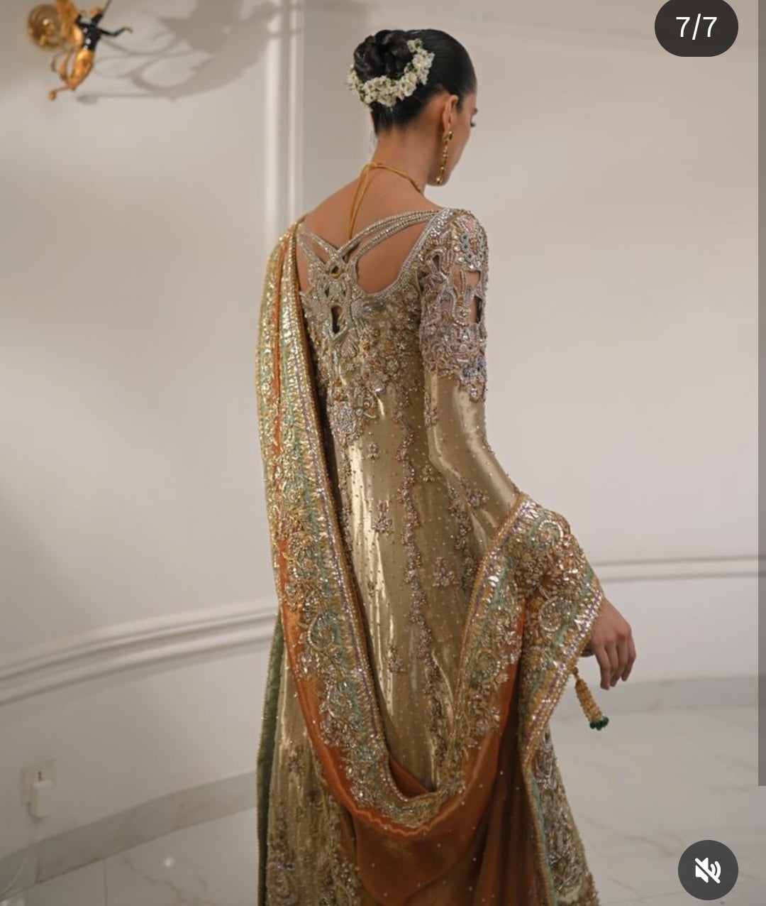 Close-up of Alina Khan Gold Metallic Double Zari Pakistani Designer Dress | Ayla's Atelier