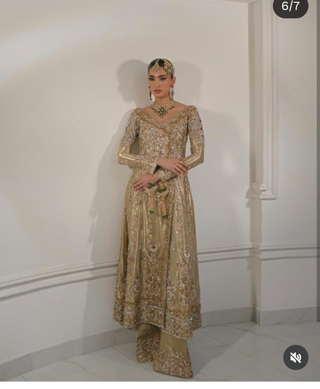 Model Wearing Alina Khan Gold Metallic Luxury Double Zari Dress | Ayla's Atelier