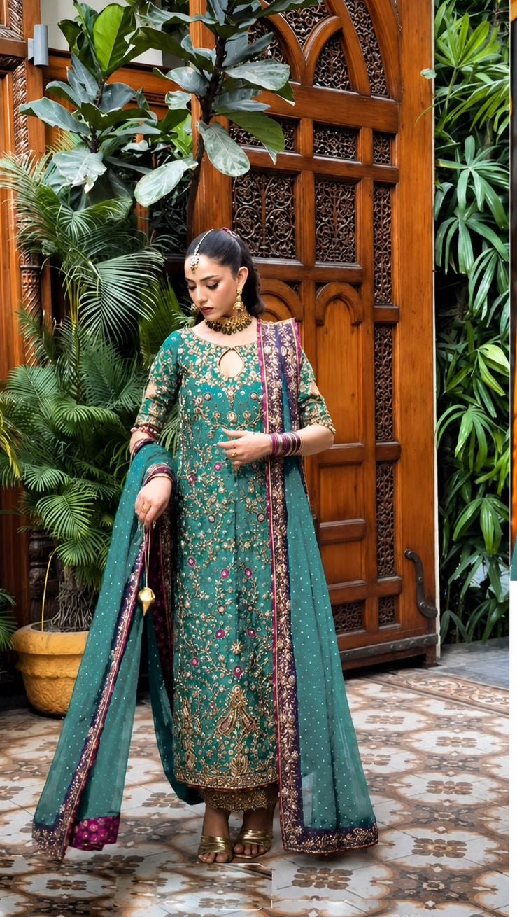 Haris Shakeel - Peacock Teal Ensemble Ayla's Atelier