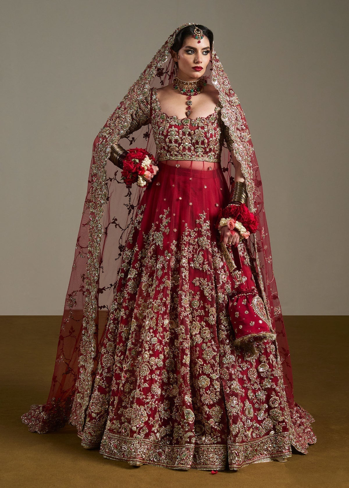 Hussain Rehar Anisha Premium Bareeze Net Baraat Dress Front View by Ayla's Atelier