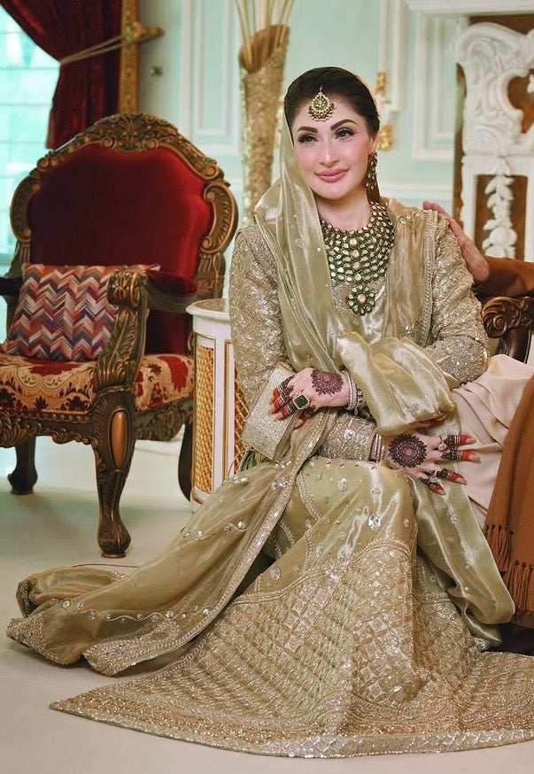 Iqbal Hussain Maryam Nawaz CC-21 Pistachio Premium Double Zari Formal Dress Front View by Ayla's Atelier