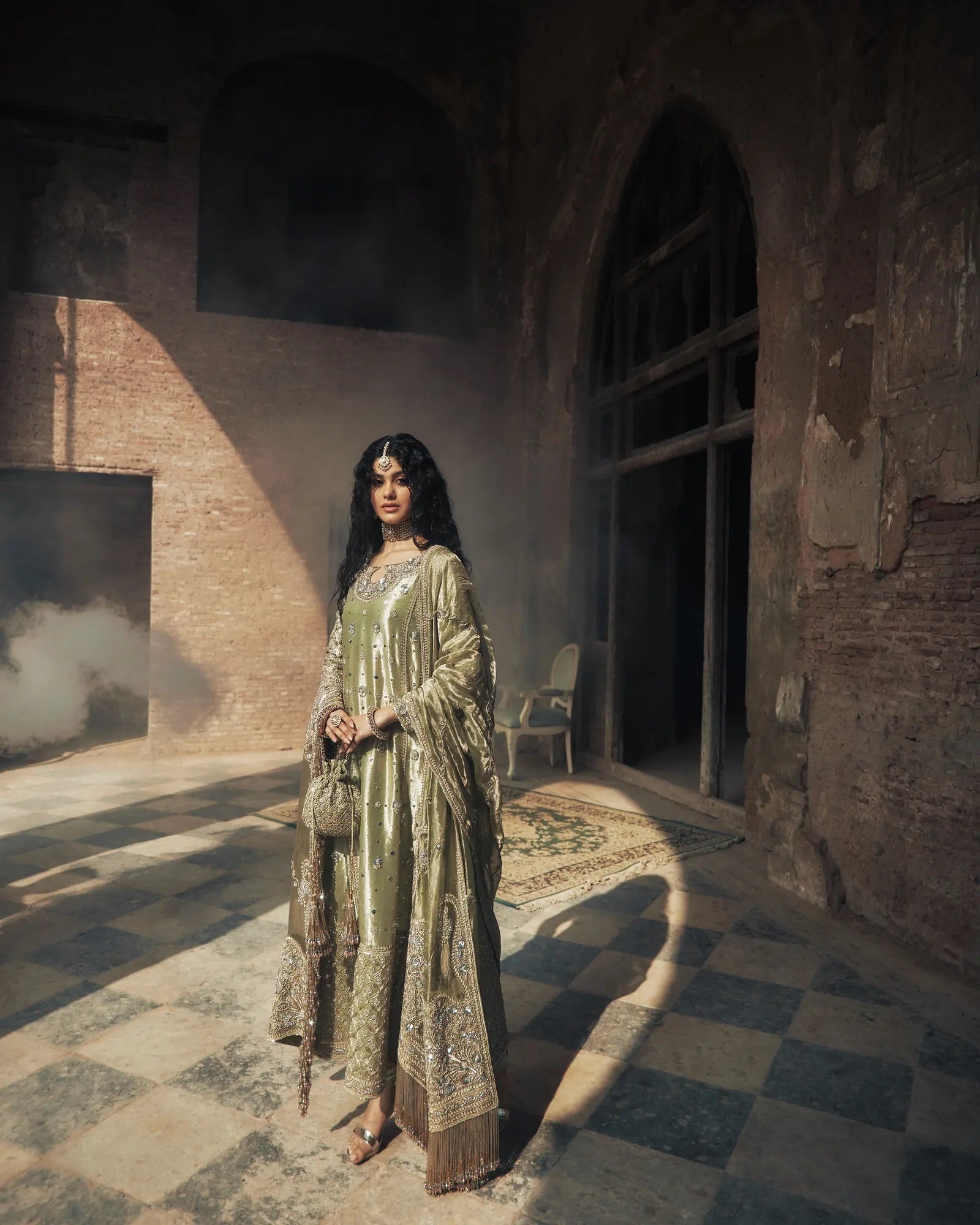Iqbal Hussain Maryam Nawaz CC-21 Pistachio Premium Double Zari Formal Dress Full Look by Ayla's Atelier
