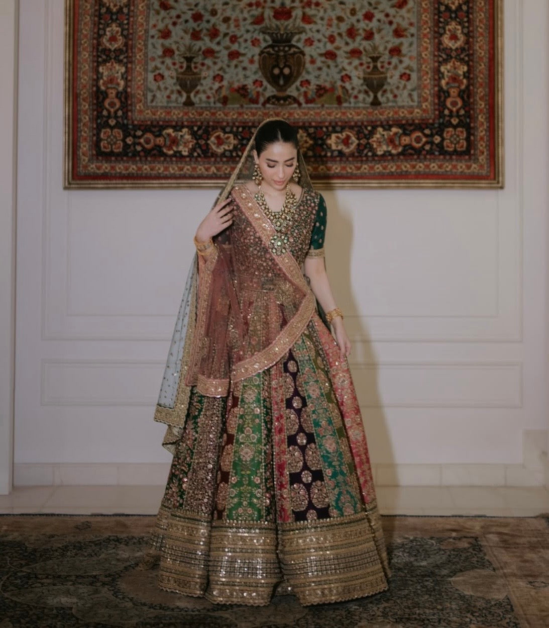 Side View of Sabyasachi Mukherjee Multi With 18 Panel Walima Dress with Breeze Net Dupatta | Ayla's Atelier
